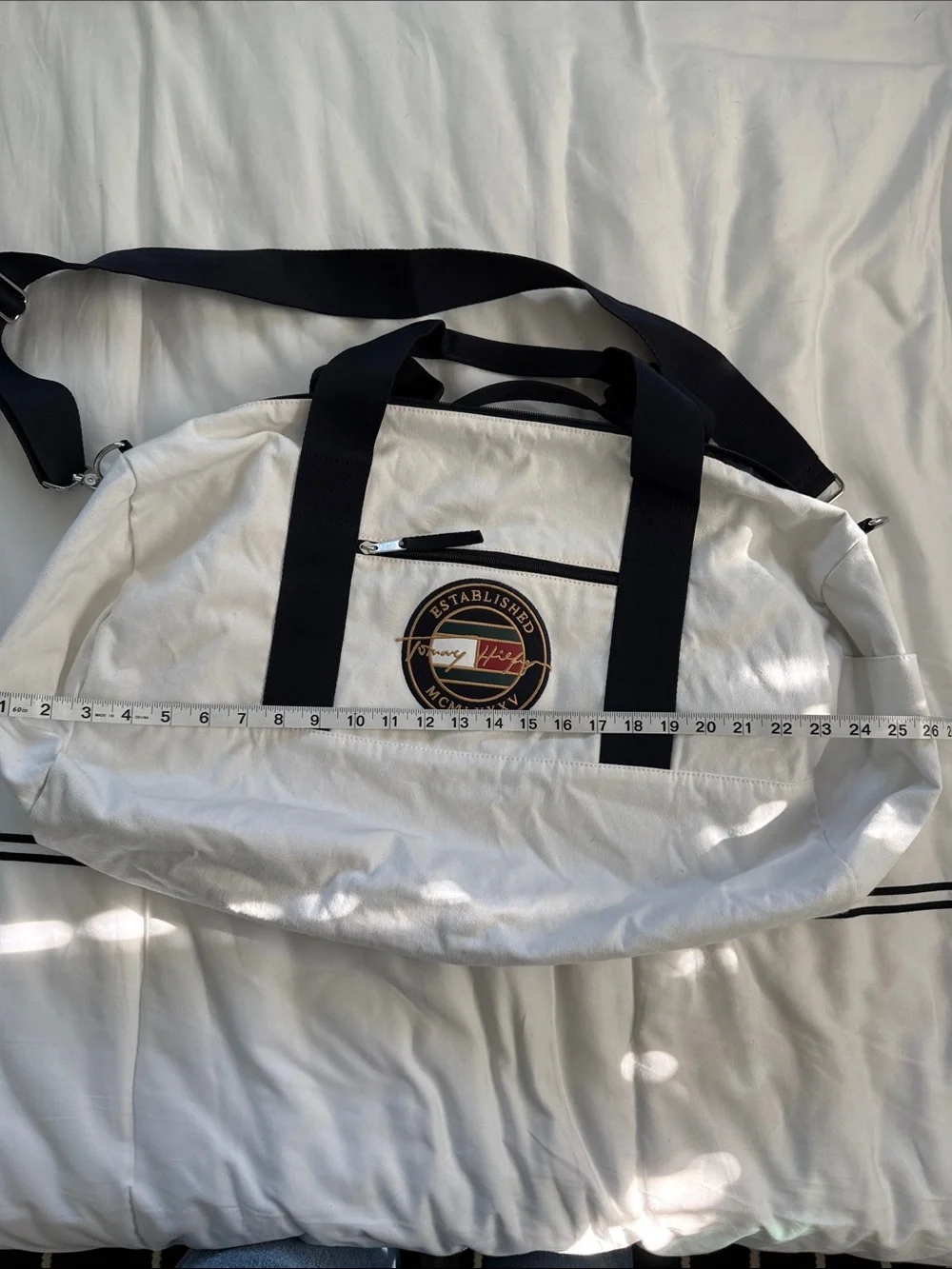 Tommy Hilfiger White Canvas Duffel with Black Straps and Signature Patch